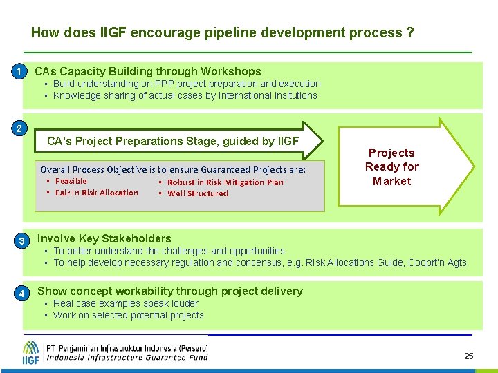 How does IIGF encourage pipeline development process ? 1 CAs Capacity Building through Workshops