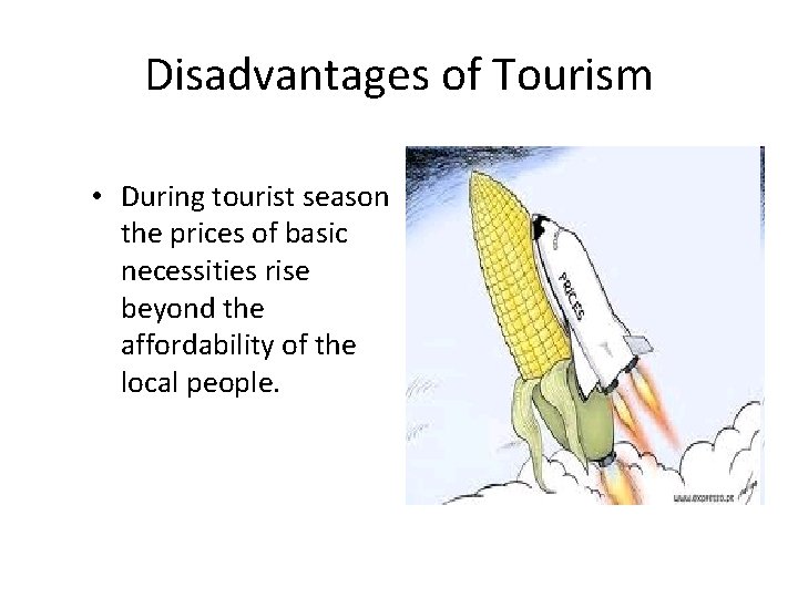 Disadvantages of Tourism • During tourist season the prices of basic necessities rise beyond