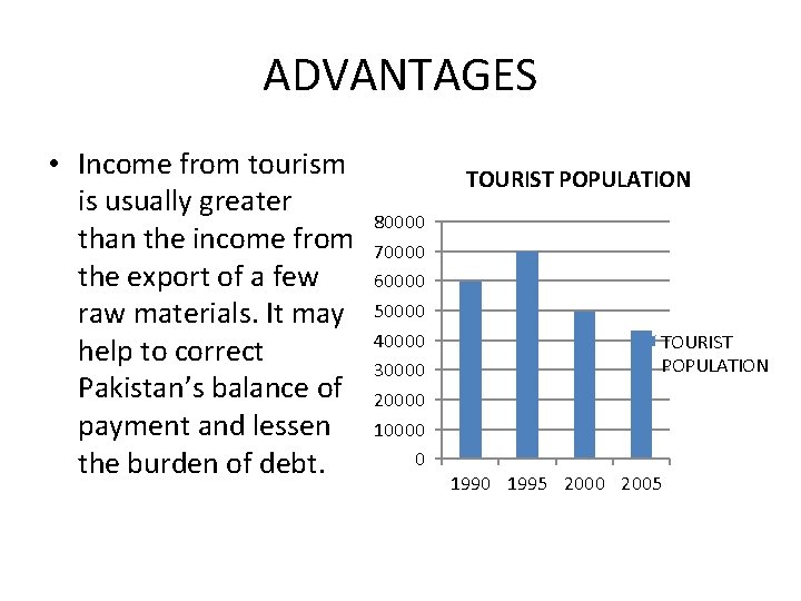 ADVANTAGES • Income from tourism is usually greater than the income from the export
