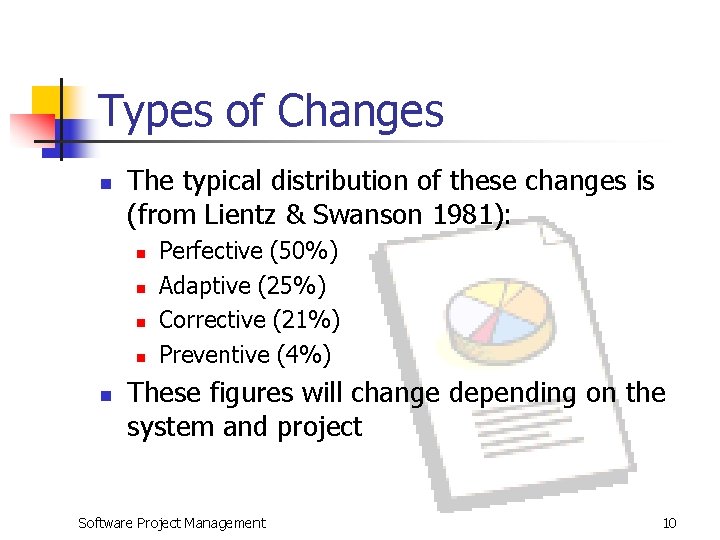 Types of Changes n The typical distribution of these changes is (from Lientz &