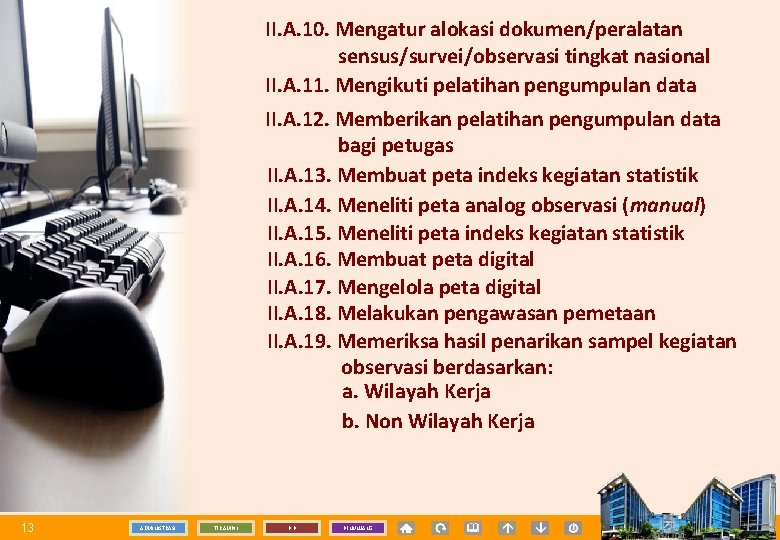 II. A. 10. Mengatur alokasi dokumen/peralatan sensus/survei/observasi tingkat nasional II. A. 11. Mengikuti pelatihan