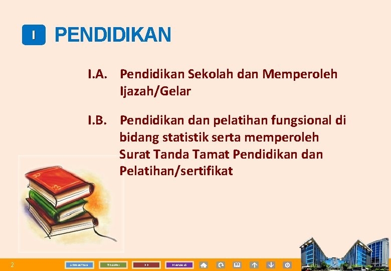 I PENDIDIKAN I. A. Pendidikan Sekolah dan Memperoleh Ijazah/Gelar I. B. Pendidikan dan pelatihan