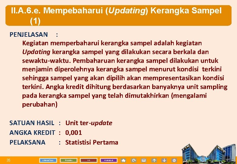 II. A. 6. e. Mempebaharui (Updating) Kerangka Sampel (1) PENJELASAN : Kegiatan memperbaharui kerangka
