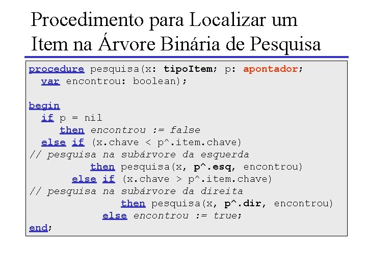 Procedimento para Localizar um Item na Árvore Binária de Pesquisa procedure pesquisa(x: tipo. Item;