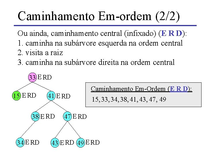 Caminhamento Em-ordem (2/2) Ou ainda, caminhamento central (infixado) (E R D): 1. caminha na