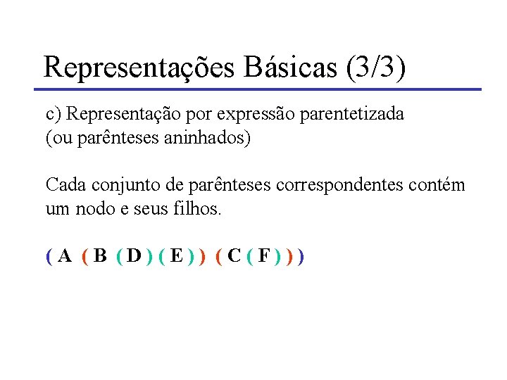 Representações Básicas (3/3) c) Representação por expressão parentetizada (ou parênteses aninhados) Cada conjunto de