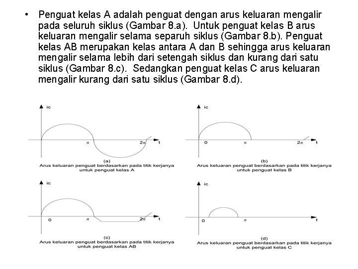  • Penguat kelas A adalah penguat dengan arus keluaran mengalir pada seluruh siklus