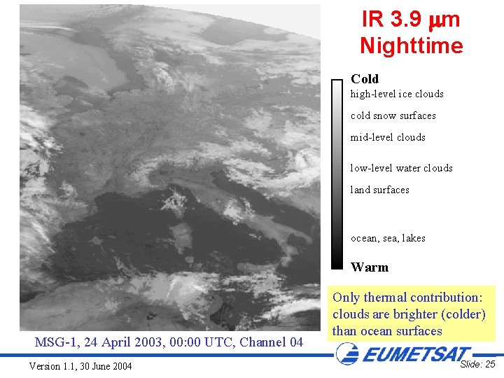 IR 3. 9 m Nighttime Cold high-level ice clouds cold snow surfaces mid-level clouds