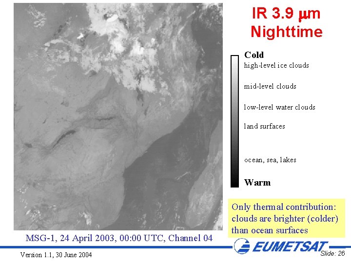 IR 3. 9 m Nighttime Cold high-level ice clouds mid-level clouds low-level water clouds