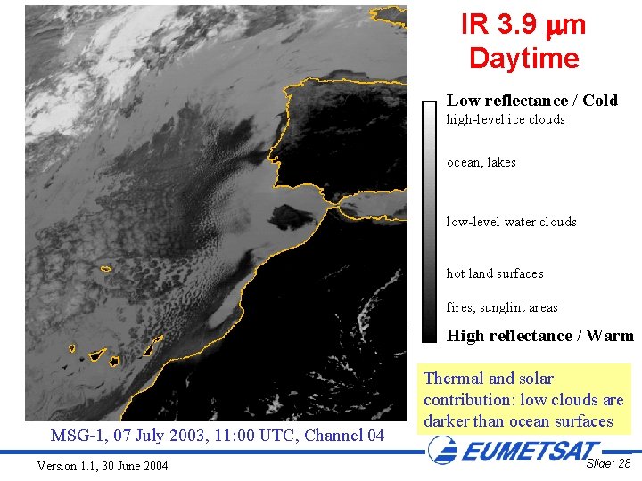 IR 3. 9 m Daytime Low reflectance / Cold high-level ice clouds ocean, lakes