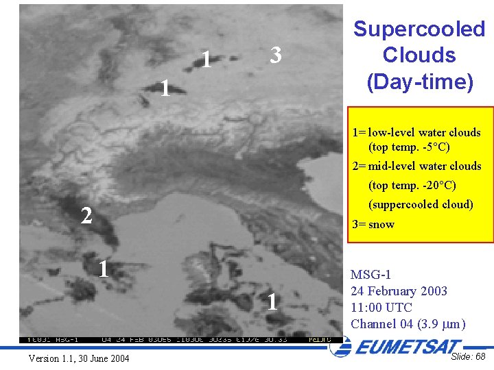 1 3 1 Supercooled Clouds (Day-time) 1= low-level water clouds (top temp. -5°C) 2=