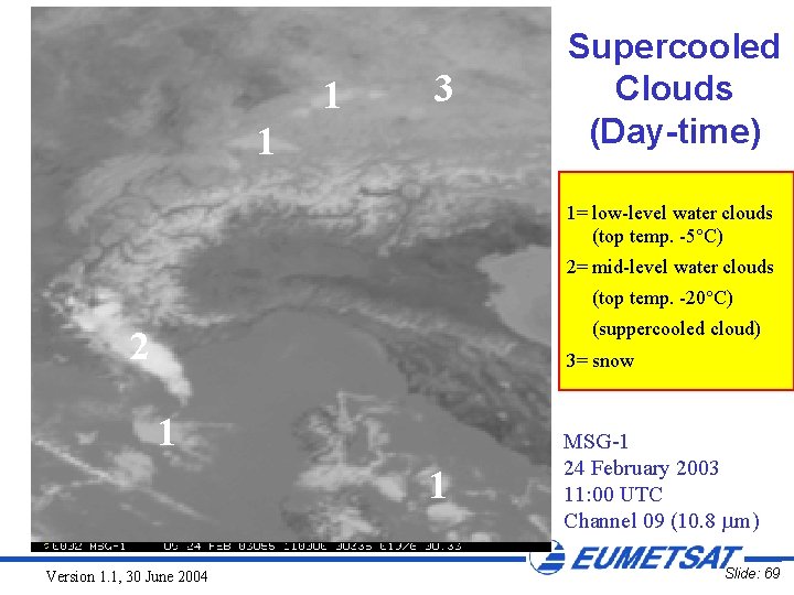 1 3 1 Supercooled Clouds (Day-time) 1= low-level water clouds (top temp. -5°C) 2=