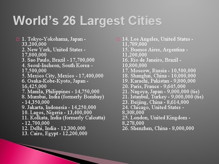 World’s 26 Largest Cities � 1. Tokyo-Yokohama, Japan 33, 200, 000 2. New York,