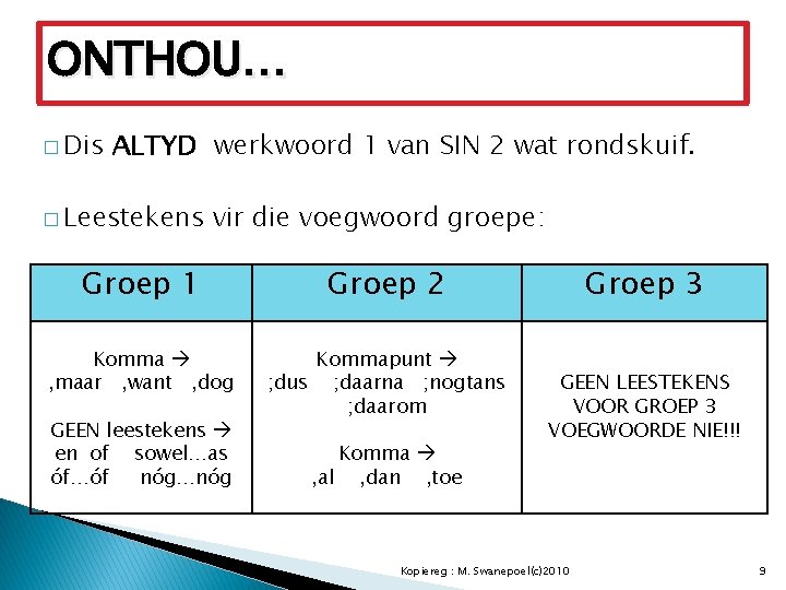 ONTHOU… � Dis ALTYD werkwoord 1 van SIN 2 wat rondskuif. � Leestekens vir