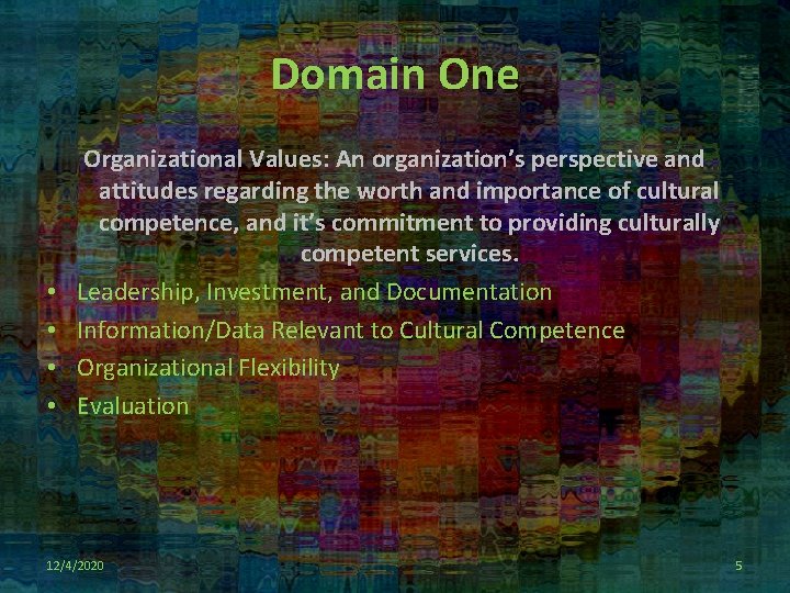 Domain One • • Organizational Values: An organization’s perspective and attitudes regarding the worth