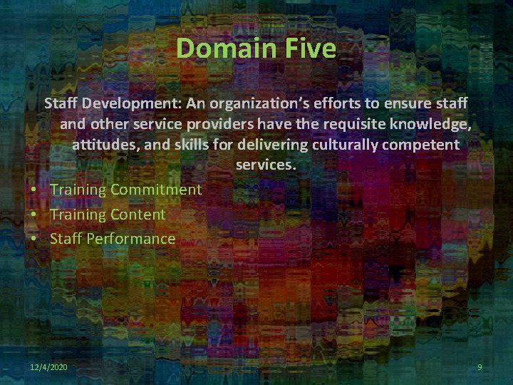 Domain Five Staff Development: An organization’s efforts to ensure staff and other service providers