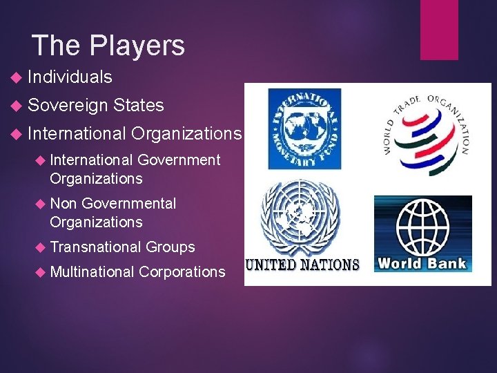 The Players Individuals Sovereign States International Organizations International Government Organizations Non Governmental Organizations Transnational