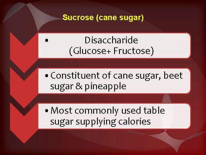 Sucrose (cane sugar) • Disaccharide (Glucose+ Fructose) • Constituent of cane sugar, beet sugar