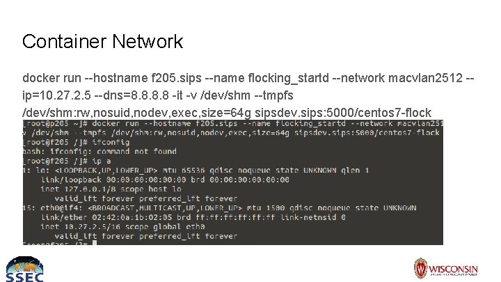 Container Network docker run --hostname f 205. sips --name flocking_startd --network macvlan 2512 -ip=10.