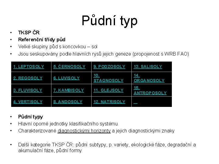 Půdní typ • • TKSP ČR Referenční třídy půd Velké skupiny půd s koncovkou
