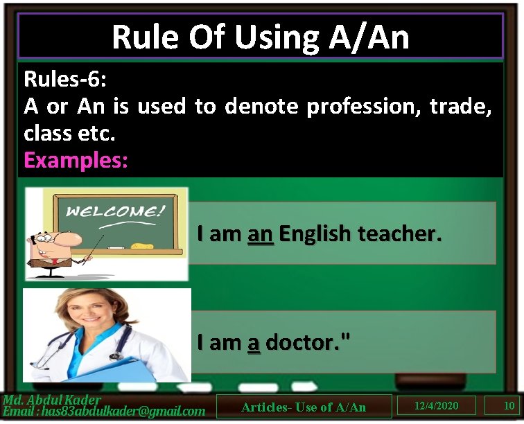 Rule Of Using A/An Rules-6: A or An is used to denote profession, trade,