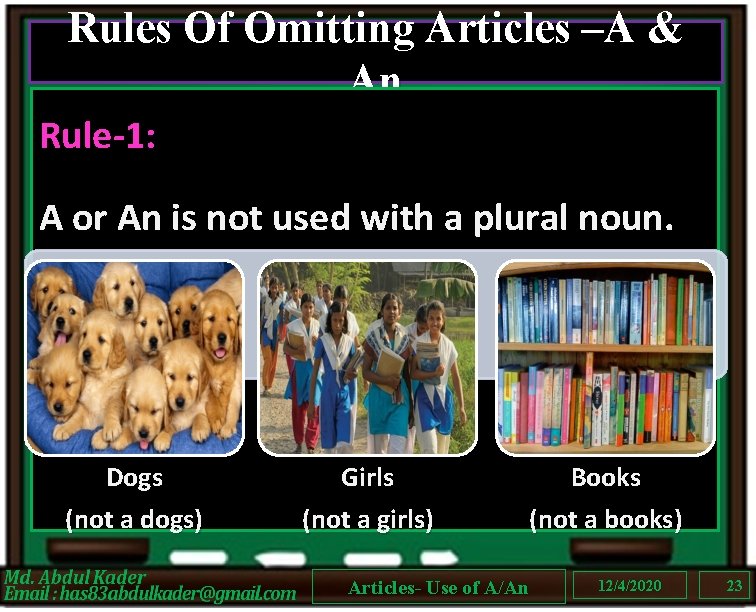 Rules Of Omitting Articles –A & An Rule-1: A or An is not used