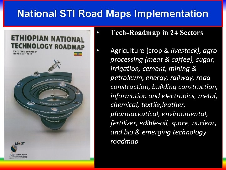 National STI Road Maps Implementation • Tech-Roadmap in 24 Sectors • Agriculture (crop &