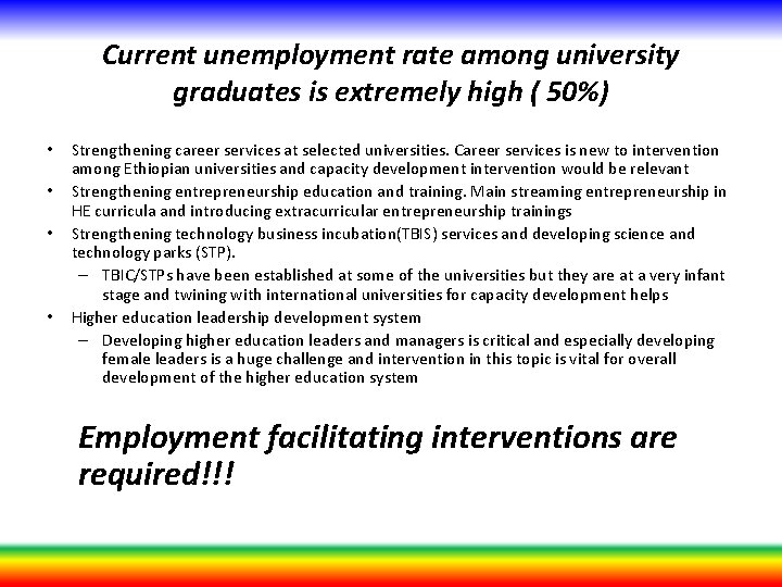 Current unemployment rate among university graduates is extremely high ( 50%) • • Strengthening