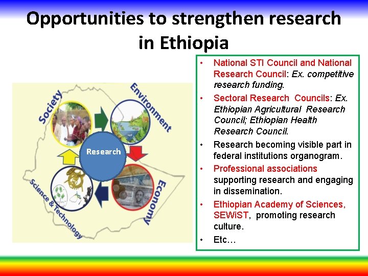Opportunities to strengthen research in Ethiopia • • Research • • National STI Council
