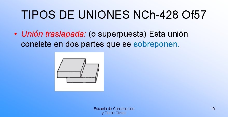 TIPOS DE UNIONES NCh-428 Of 57 • Unión traslapada: (o superpuesta) Esta unión consiste