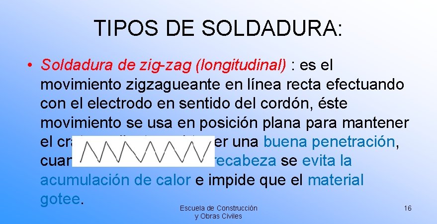 TIPOS DE SOLDADURA: • Soldadura de zig-zag (longitudinal) : es el movimiento zigzagueante en TIPOS DE SOLDADURA: • Soldadura de zig-zag (longitudinal) : es el movimiento zigzagueante en
