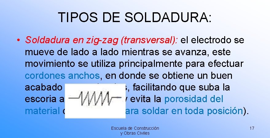 TIPOS DE SOLDADURA: • Soldadura en zig-zag (transversal): el electrodo se mueve de lado