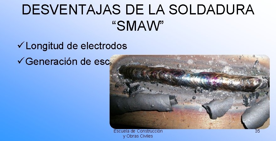 DESVENTAJAS DE LA SOLDADURA “SMAW” ü Longitud de electrodos ü Generación de escorias Escuela