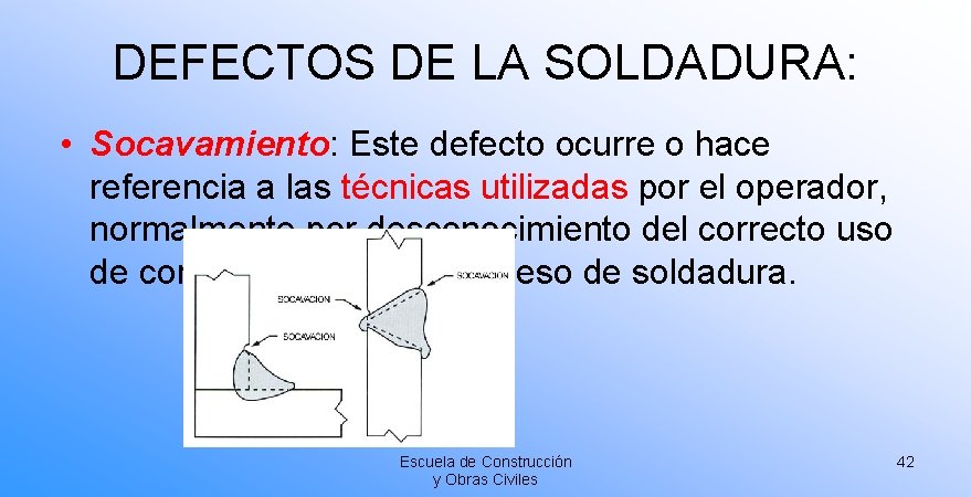 DEFECTOS DE LA SOLDADURA: • Socavamiento: Este defecto ocurre o hace referencia a las