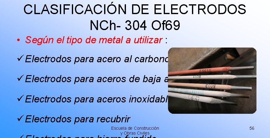 CLASIFICACIÓN DE ELECTRODOS NCh- 304 Of 69 • Según el tipo de metal a CLASIFICACIÓN DE ELECTRODOS NCh- 304 Of 69 • Según el tipo de metal a