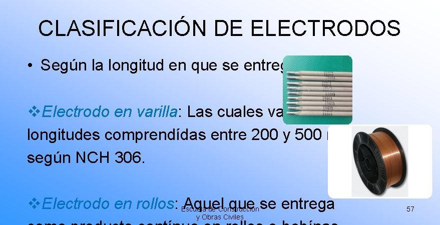 CLASIFICACIÓN DE ELECTRODOS • Según la longitud en que se entregan: v. Electrodo en