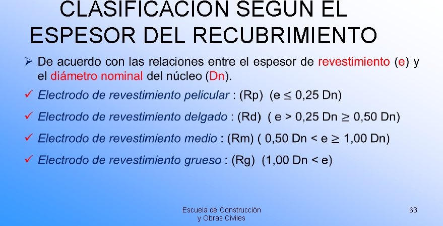 CLASIFICACIÓN SEGÚN EL ESPESOR DEL RECUBRIMIENTO • Escuela de Construcción y Obras Civiles 63 CLASIFICACIÓN SEGÚN EL ESPESOR DEL RECUBRIMIENTO • Escuela de Construcción y Obras Civiles 63