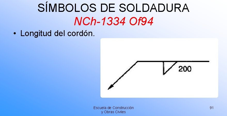 SÍMBOLOS DE SOLDADURA NCh-1334 Of 94 • Longitud del cordón. Escuela de Construcción y