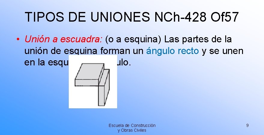 TIPOS DE UNIONES NCh-428 Of 57 • Unión a escuadra: (o a esquina) Las