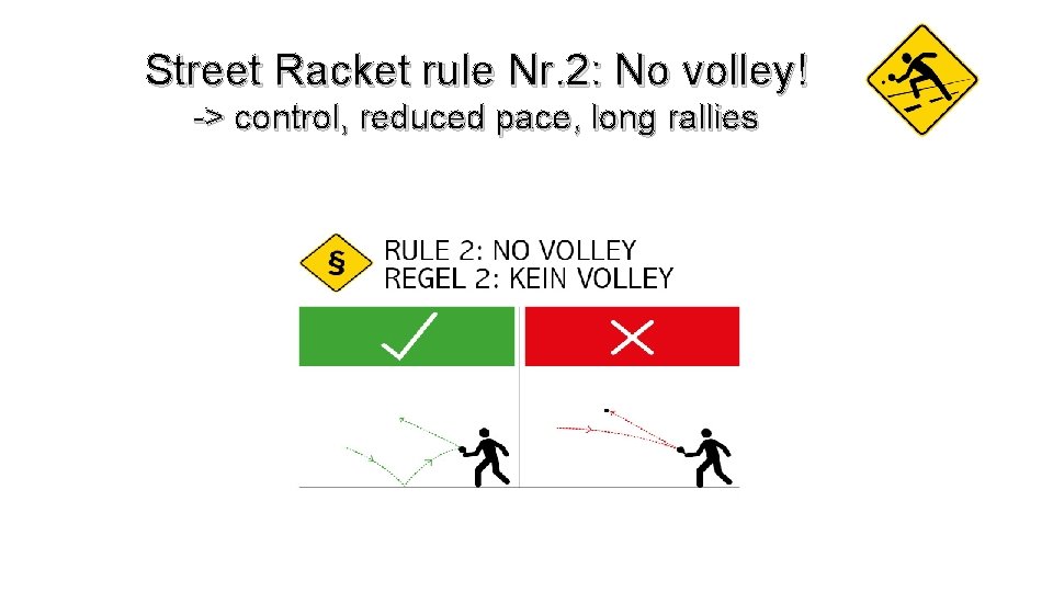 Street Racket rule Nr. 2: No volley! -> control, reduced pace, long rallies 