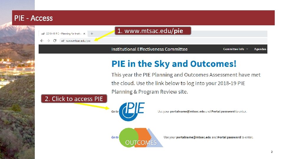 PIE - Access 1. www. mtsac. edu/pie 2. Click to access PIE 2 