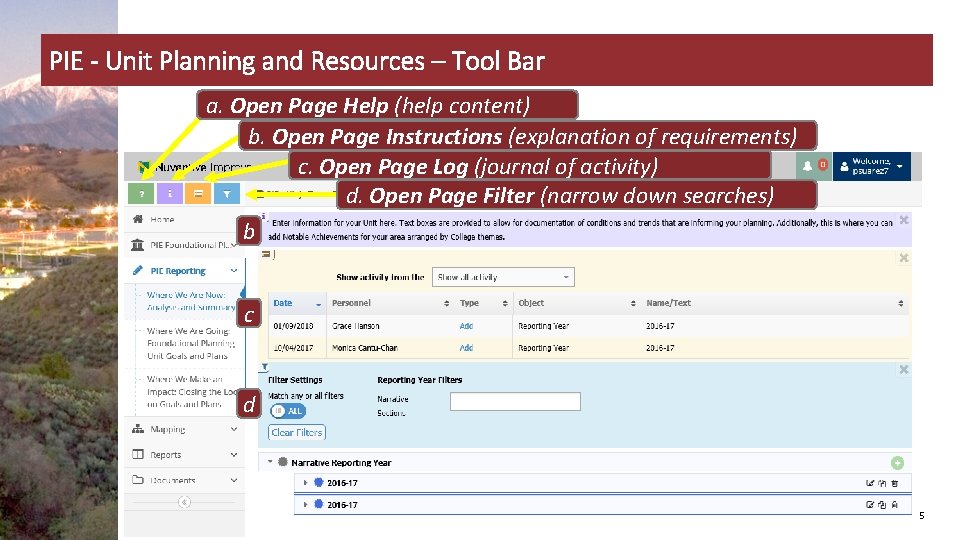 PIE - Unit Planning and Resources – Tool Bar a. Open Page Help (help