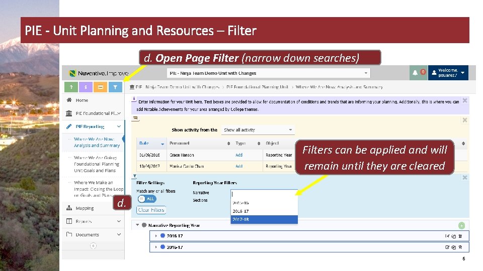 PIE - Unit Planning and Resources – Filter d. Open Page Filter (narrow down