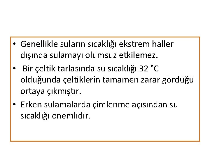  • Genellikle suların sıcaklığı ekstrem haller dışında sulamayı olumsuz etkilemez. • Bir çeltik