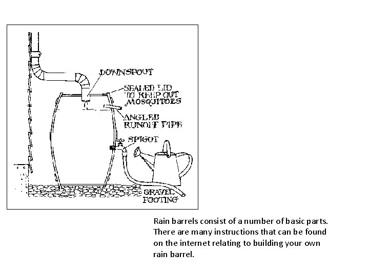 Rain barrels consist of a number of basic parts. There are many instructions that