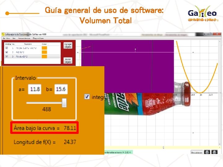 Guía general de uso de software: Volumen Total Pi(-(. 8 x-1. 2)^2+3. 3)^2 Pi(-.