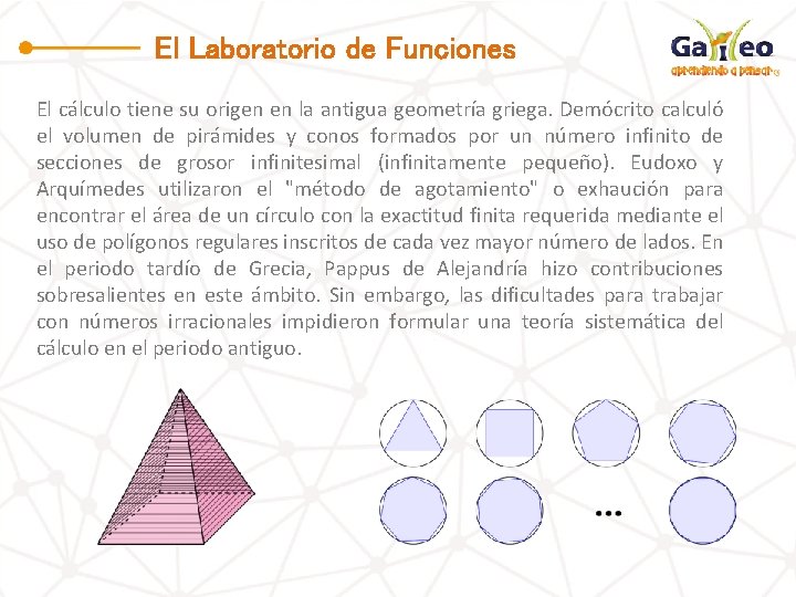 El Laboratorio de Funciones El cálculo tiene su origen en la antigua geometría griega.