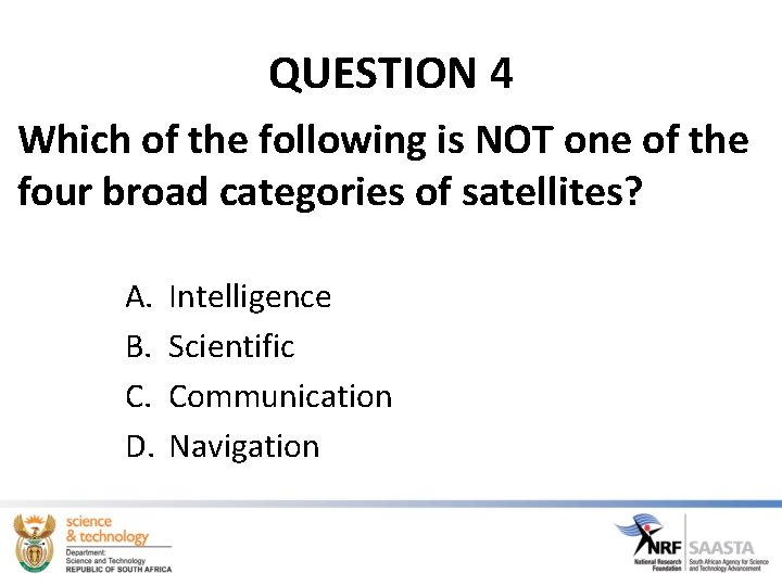 QUESTION 4 Which of the following is NOT one of the four broad categories QUESTION 4 Which of the following is NOT one of the four broad categories