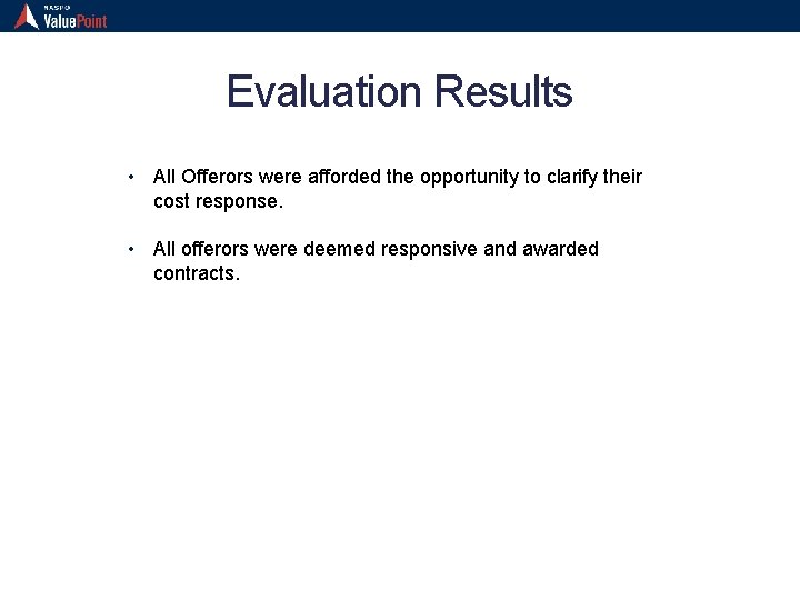 Evaluation Results • All Offerors were afforded the opportunity to clarify their cost response.