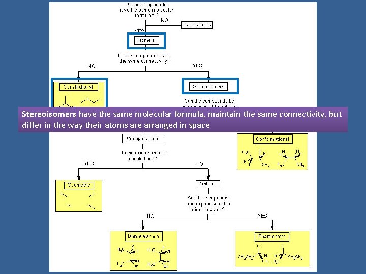 Stereoisomers have the same molecular formula, maintain the same connectivity, but differ in the